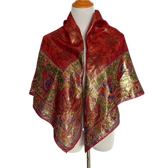 Vintage Oscar de la Renta Metallic Deep Red Gold Floral Square Scarf - Picture 2 of 15